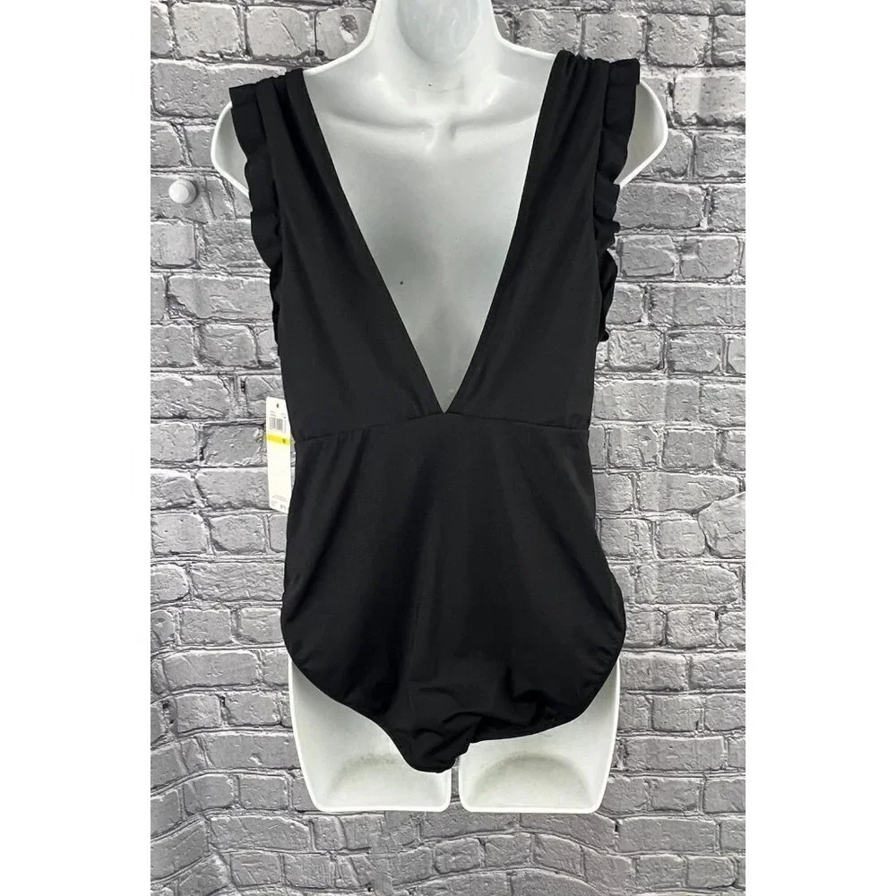 Catalina Swimwear Black‎ 1 Piece Swimsuit Size M Ruffle Smocked Deep Plunge NWT